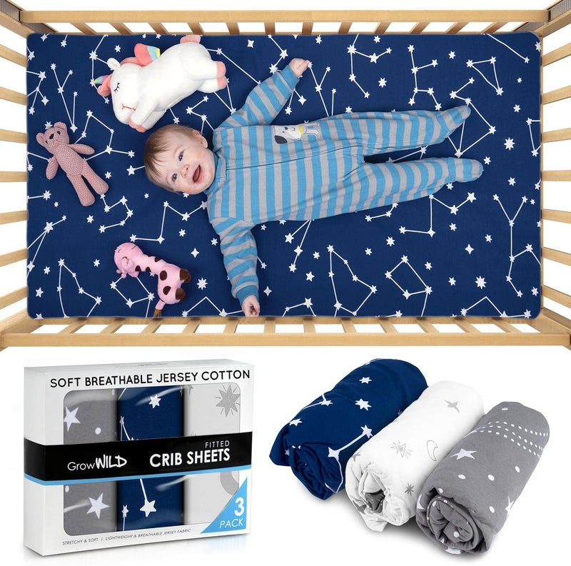 GrowWILD GROW WILD Crib Sheets for Boys or Girls | 3 Pack Soft Stretchy Jersey Cotton Fitted Crib Sheet Neutral | Grey White Navy Blue Baby Crib Sheets for Girl, Crib Mattress Sheet or Toddler Bed Sheets - Image 3